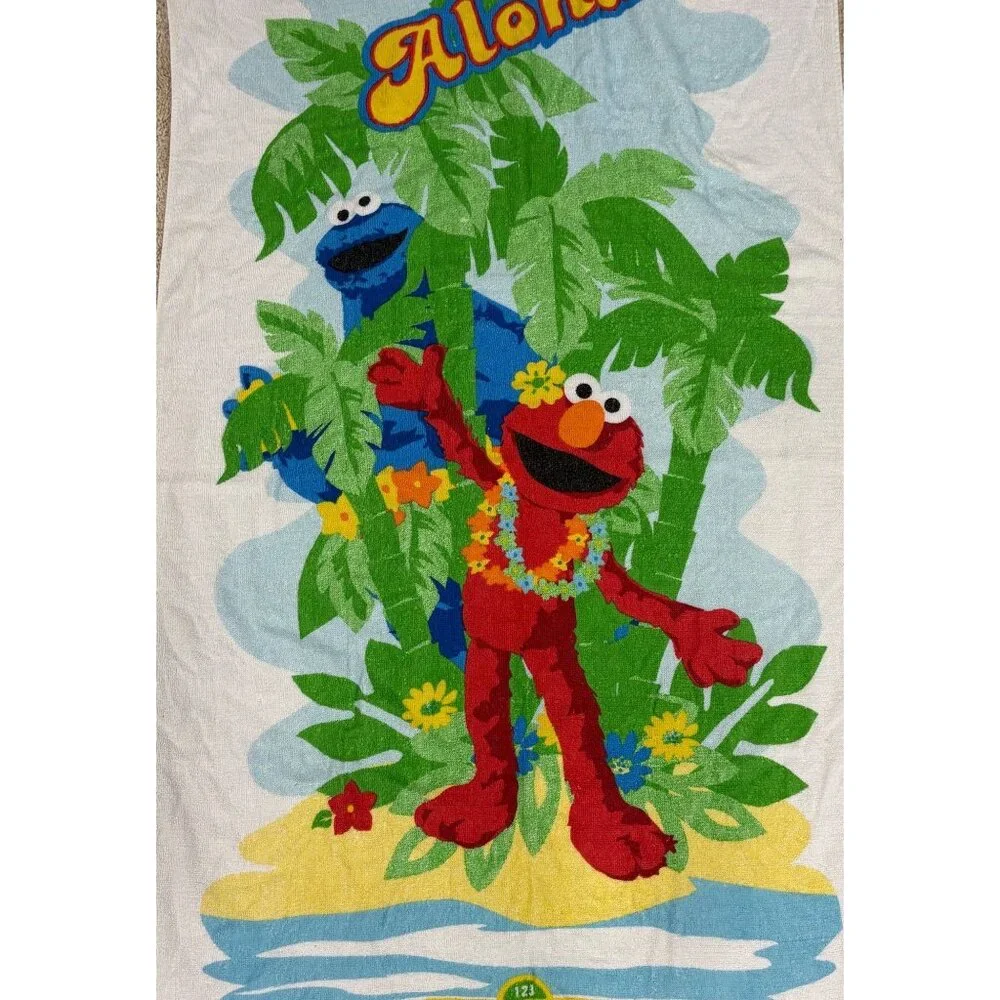 Vintage Sesame Street Elmo & Cookie Monster Aloha Beach Towel Kids Pool Fun